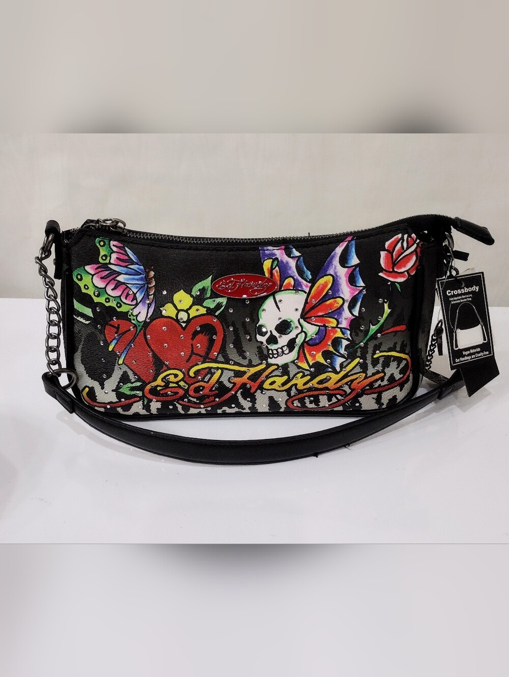 Ed Hardy Black Shoulder Bag with Multicolor Skull & Butterfly Art - Picture 13 of 13